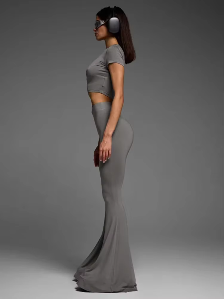BOOFEENAA Basic Casual 2 Piece Sets Womens Outfits Top and Leggings Grey Flare Pants Matching Sets Fitness Y2k Clothing C56-CC30