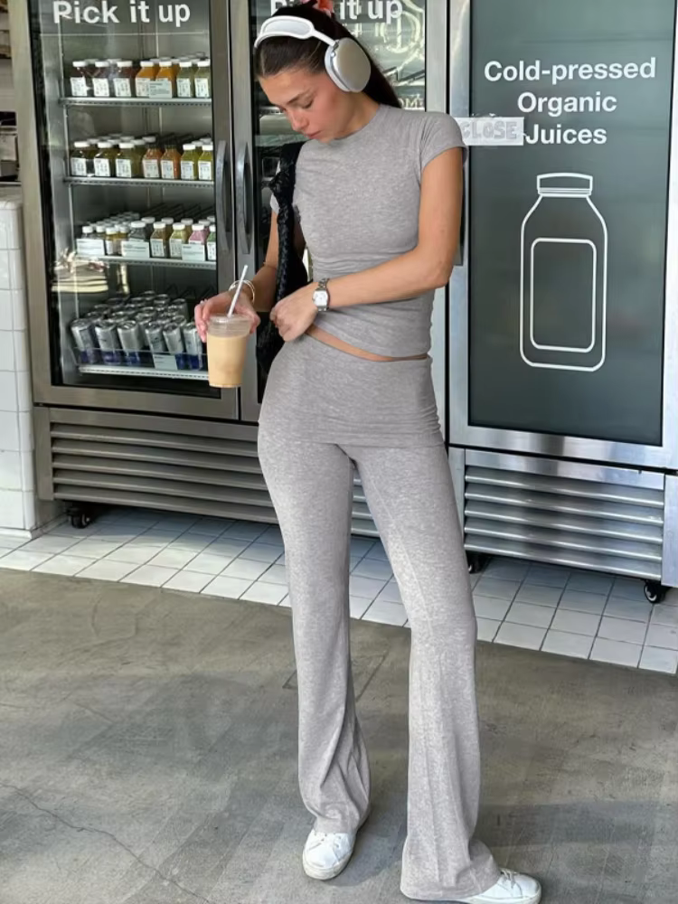 BOOFEENAA Comfy Ribbed Two Piece Set Short Sleeve Crop Top and Pants Casual Summer Outfits for Women Clothes 2025 C70-CG46