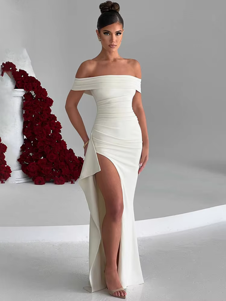 BOOFEENAA Off Shoulder High Slit Long Dresses White Black Gown for Women Evening Party Dress Women Elegant 2025 C69-DC33