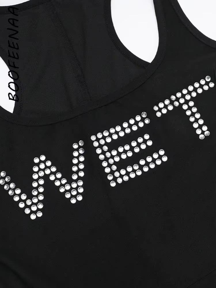 BOOFEENAA Rhinestone Wet Sleeveless Flare Jumpsuits Black One Piece Clothes Sexy Jumpsuit for Womens 2025 Club Outfits C66-CZ21