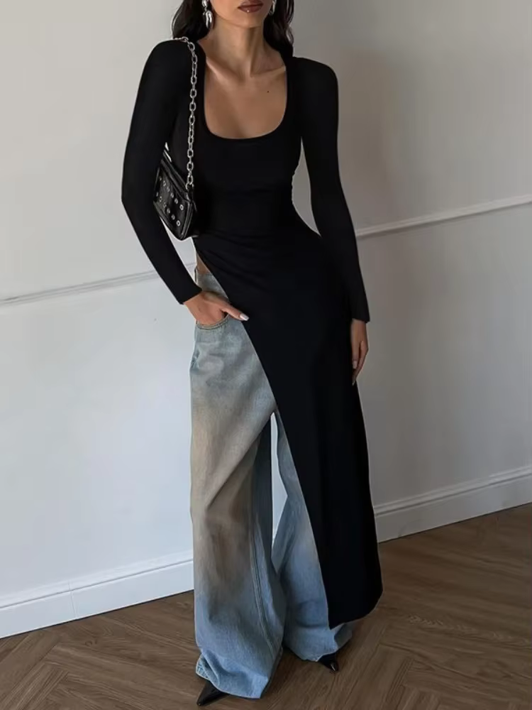 BOOFEENAA High Split Long Sleeve Top Street Fashion Asymmetrical Black T Shirts Fall Clothes 2025 Women C83-BE28