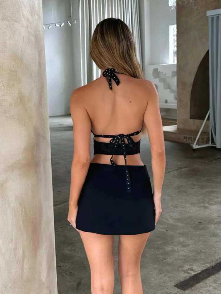BOOFEENAA Studded Lace Deep V Backless Mini Dresses Night Club Outfits Sexy Black Dress Summer Clothes Women 2025 C66-FZ21