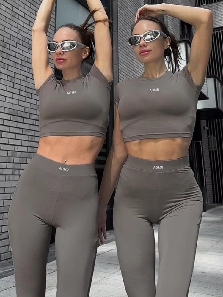 BOOFEENAA Basic Casual 2 Piece Sets Womens Outfits Top and Leggings Grey Flare Pants Matching Sets Fitness Y2k Clothing C56-CC30