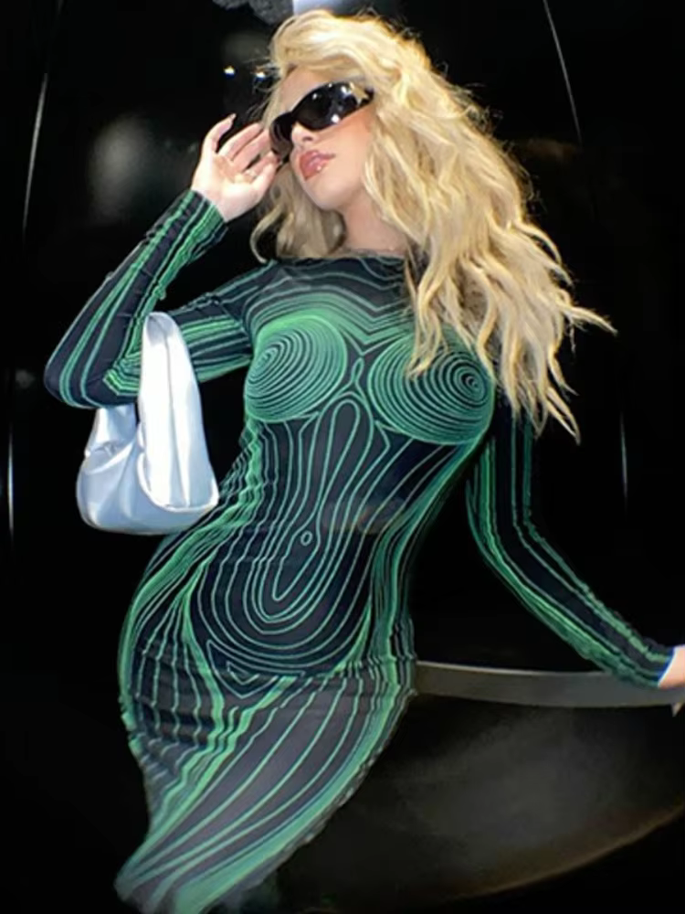 BOOFEENAA 3D Body Print Sexy Maxi Dresses for Women Y2k Streetwear Hollow Backless Long Sleeve Bodycon Dress Club Outfit C16CG33