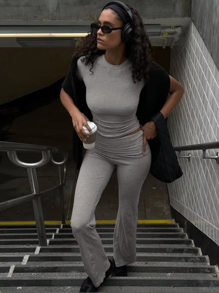 BOOFEENAA Comfy Ribbed Two Piece Set Short Sleeve Crop Top and Pants Casual Summer Outfits for Women Clothes 2025 C70-CG46