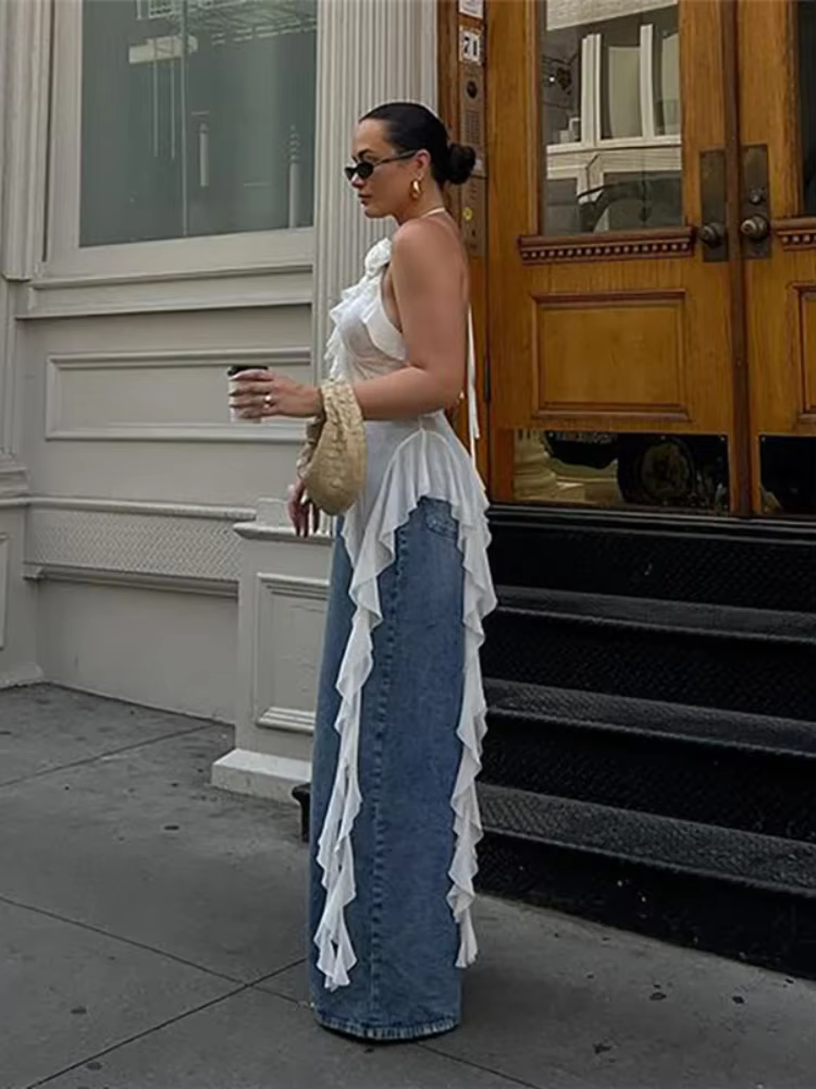 BOOFEENAA Sheer Mesh Spaghetti Strap Top White Ruffle Fringe Halter Tops Coquette Y2k Fairy Core Clothes 2025 Fashion C71-CZ16