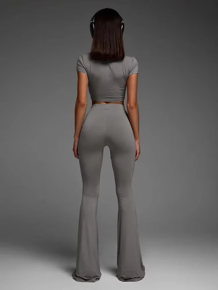 BOOFEENAA Basic Casual 2 Piece Sets Womens Outfits Top and Leggings Grey Flare Pants Matching Sets Fitness Y2k Clothing C56-CC30