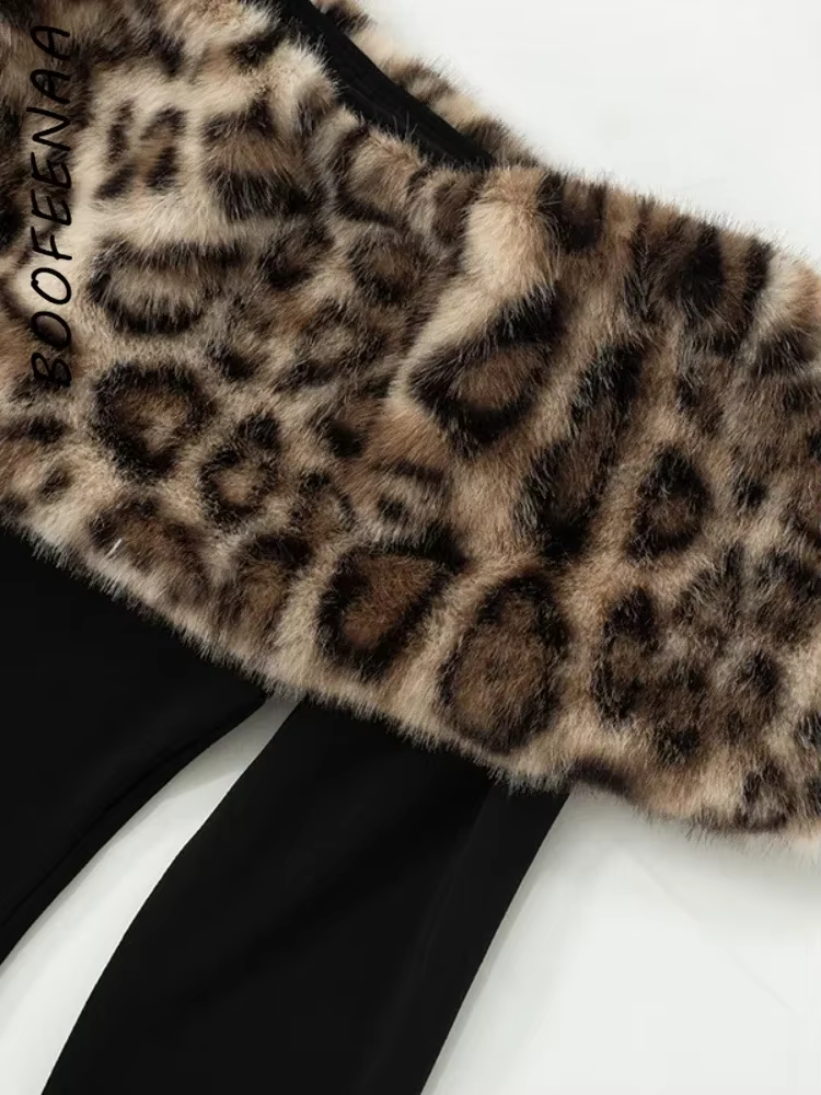 BOOFEENAA Leopard Print Fluff Splicing Off Shoulder Long Sleeve Maxi Dress Winter 2024 Sexy Going Out Party Dresses C85-DI45