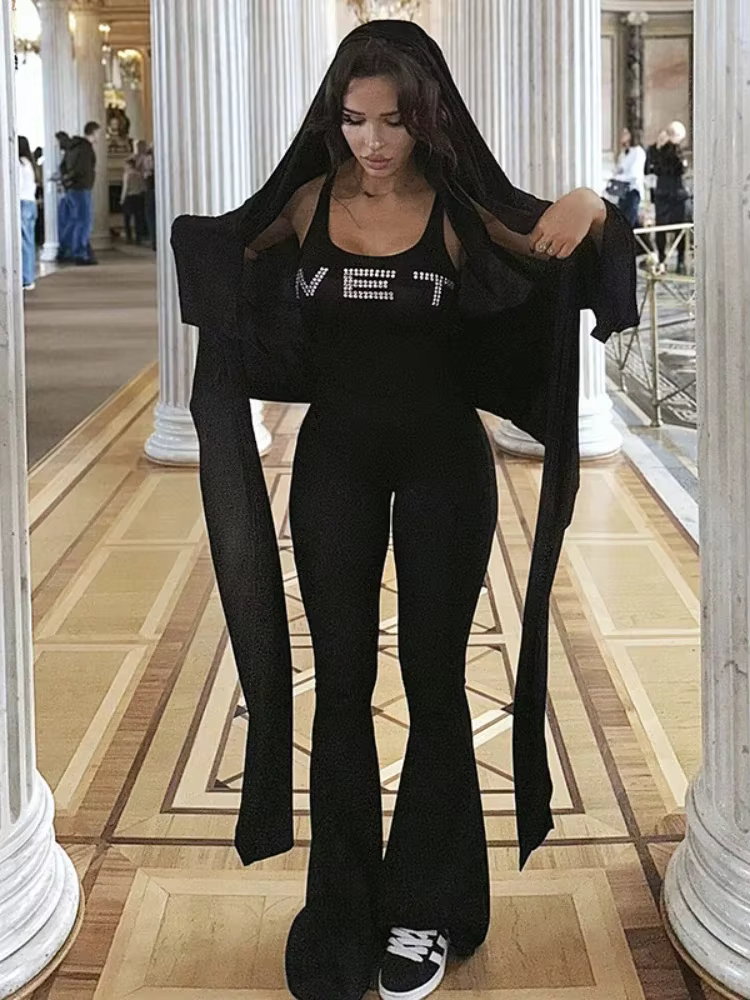 BOOFEENAA Rhinestone Wet Sleeveless Flare Jumpsuits Black One Piece Clothes Sexy Jumpsuit for Womens 2025 Club Outfits C66-CZ21