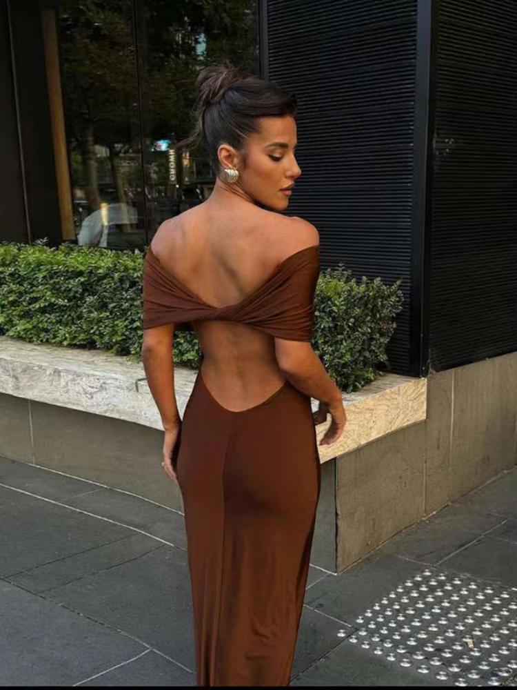 BOOFEENAA Off Shoulder Twist Backless Maxi Long Dresses for Women 2025 Summer Dress Elegant Sexy Night Gown C83-BH33