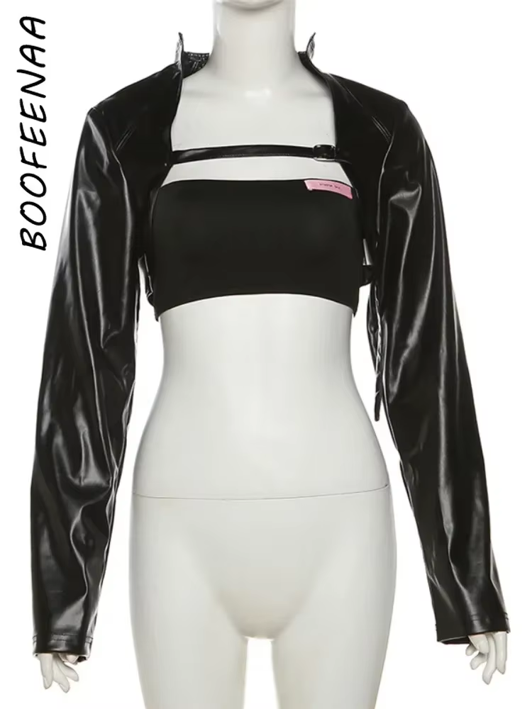 BOOFEENAA Crop PU Leather Jacket Women with Tube Top Two Piece Set Streetwear Fashion Black Coats Winter Clothes C71-CH22