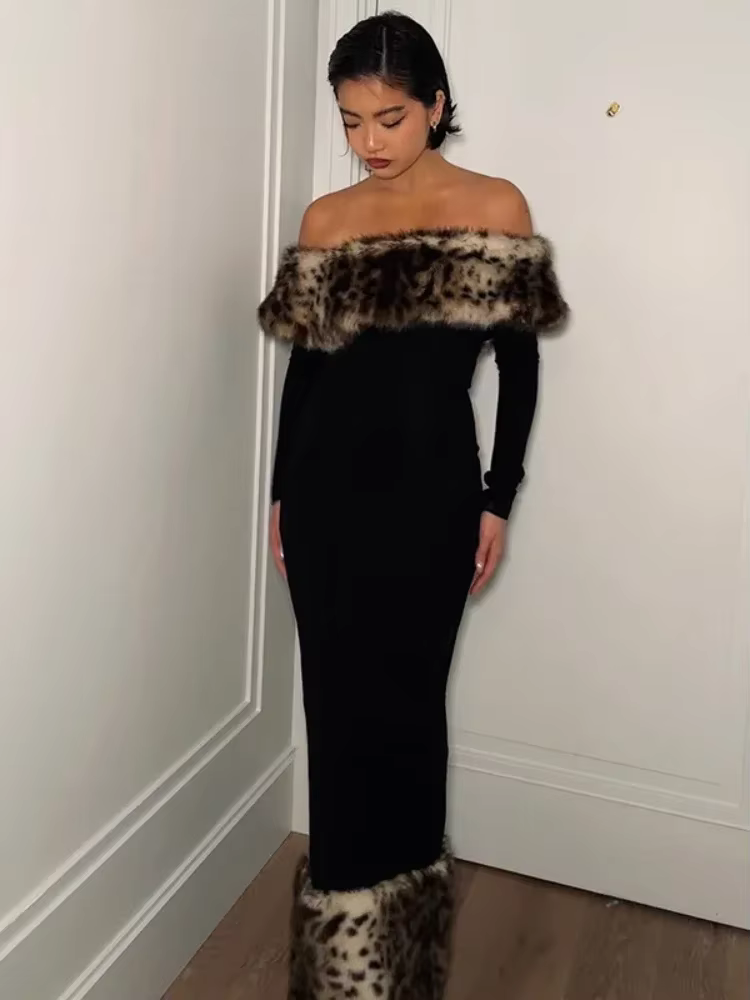 BOOFEENAA Leopard Print Fluff Splicing Off Shoulder Long Sleeve Maxi Dress Winter 2024 Sexy Going Out Party Dresses C85-DI45