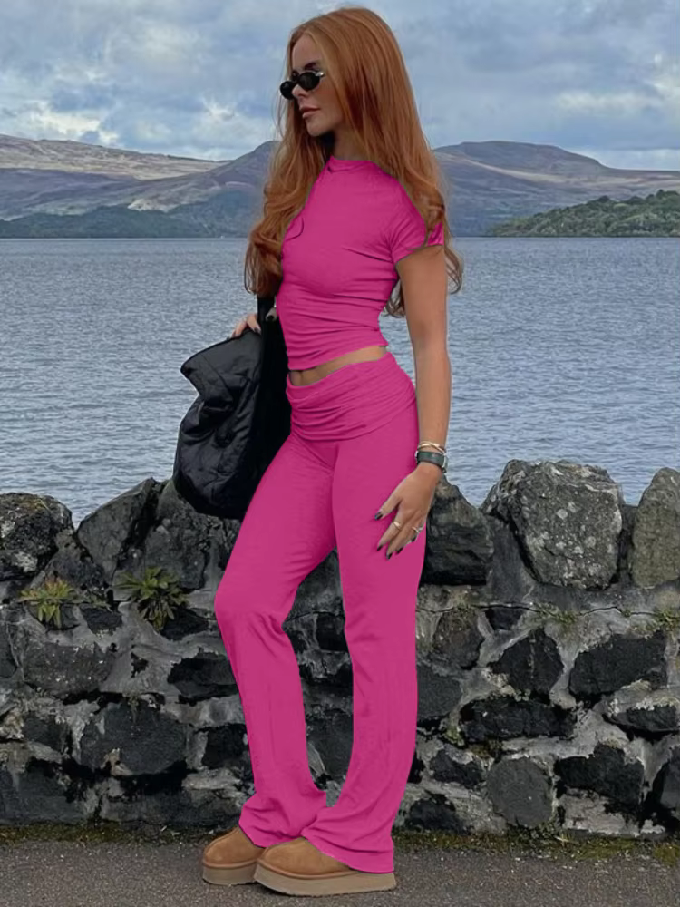 BOOFEENAA Comfy Ribbed Two Piece Set Short Sleeve Crop Top and Pants Casual Summer Outfits for Women Clothes 2025 C70-CG46