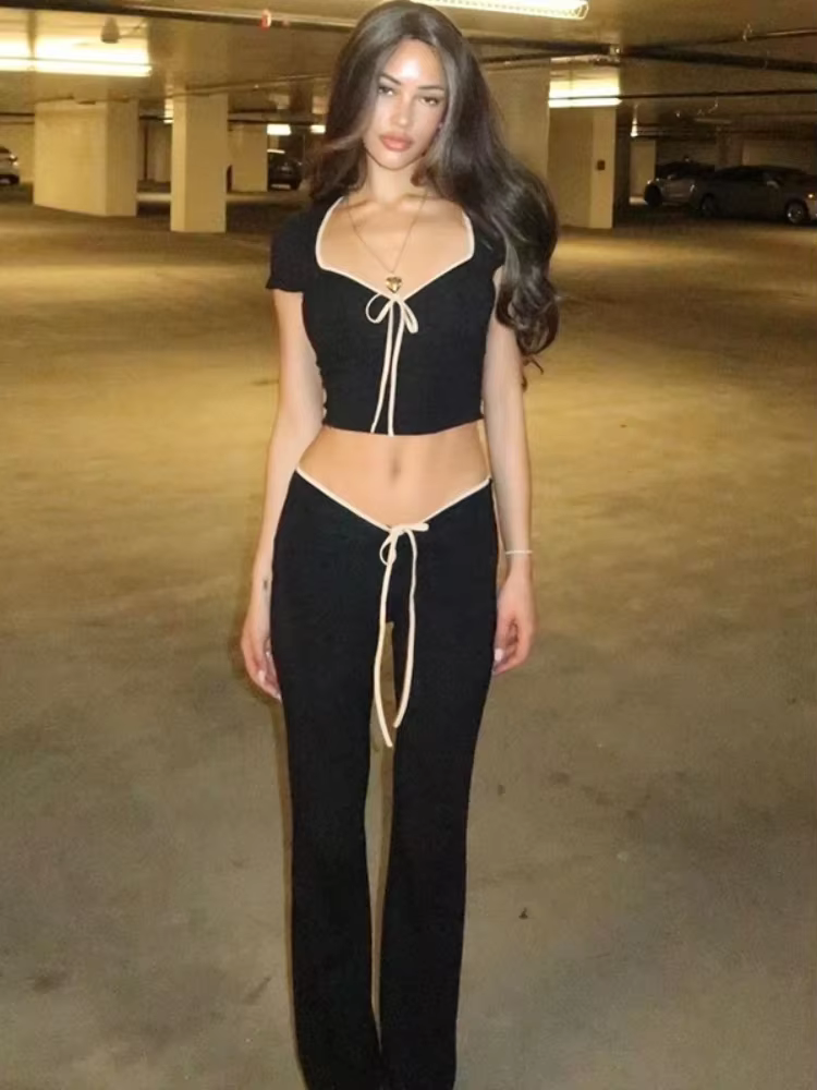 BOOFEENAA Y2k Cute Black Two Piece Set Women Outfit 2024 Summer Lace Up Low Rise Flare Pants and Crop Top Matching Sets C83-CZ30