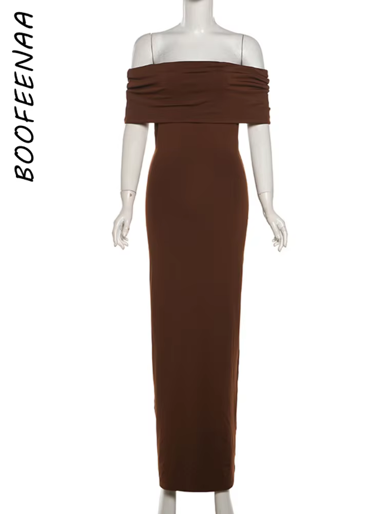 BOOFEENAA Off Shoulder Twist Backless Maxi Long Dresses for Women 2025 Summer Dress Elegant Sexy Night Gown C83-BH33