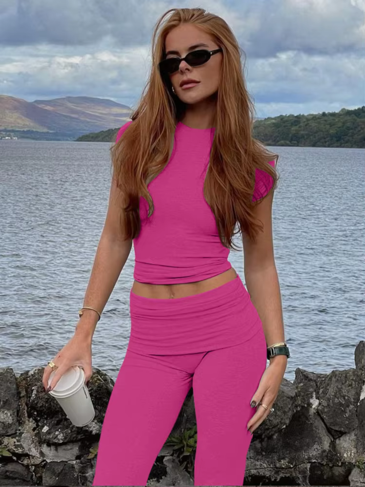 BOOFEENAA Comfy Ribbed Two Piece Set Short Sleeve Crop Top and Pants Casual Summer Outfits for Women Clothes 2025 C70-CG46