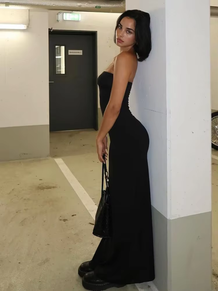 BOOFEENAA Strapless Backless Split Long Dresses for Women Clothing Fashion 2025 Spring Summer Sexy Black Dress C95-BC20