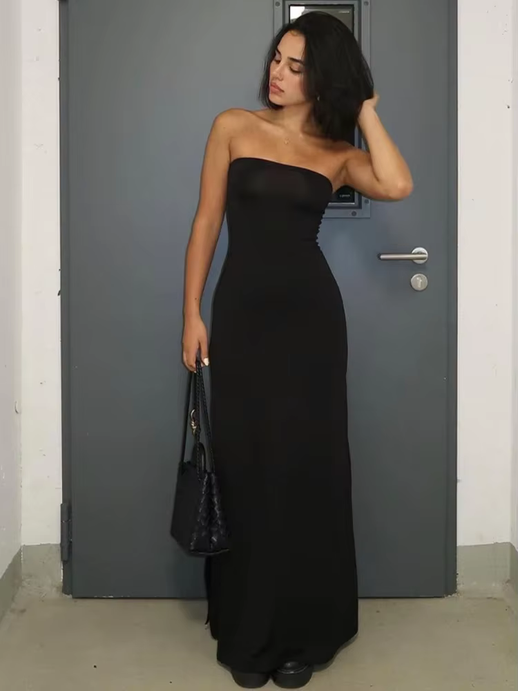BOOFEENAA Strapless Backless Split Long Dresses for Women Clothing Fashion 2025 Spring Summer Sexy Black Dress C95-BC20
