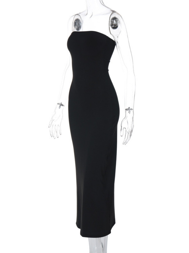 BOOFEENAA Strapless Backless Split Long Dresses for Women Clothing Fashion 2025 Spring Summer Sexy Black Dress C95-BC20