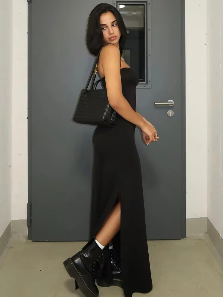 BOOFEENAA Strapless Backless Split Long Dresses for Women Clothing Fashion 2025 Spring Summer Sexy Black Dress C95-BC20