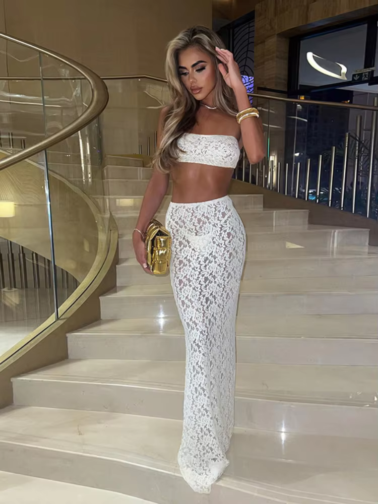 BOOFEENAA See Through Lace White 2 Piece Sets Tube Top Long Skirt Sexy Night Club Outfits for Women Co Ord Summer Set C83-BH18