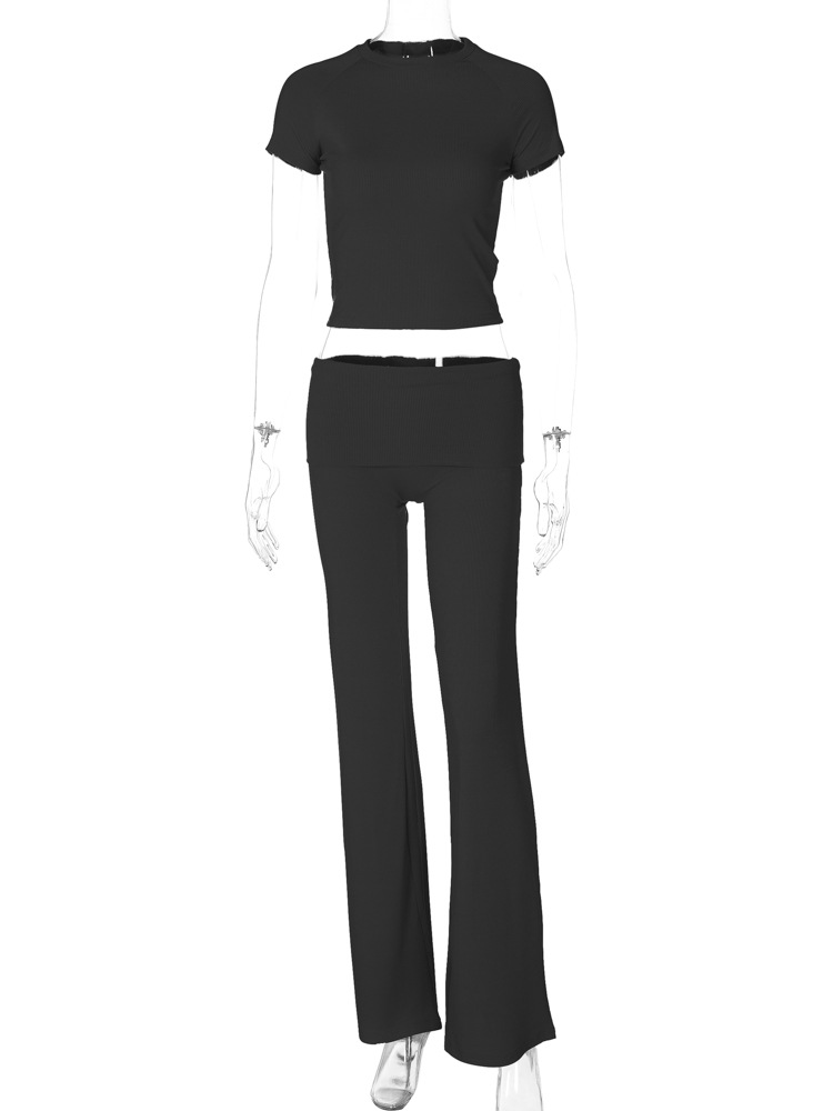 BOOFEENAA Comfy Ribbed Two Piece Set Short Sleeve Crop Top and Pants Casual Summer Outfits for Women Clothes 2025 C70-CG46
