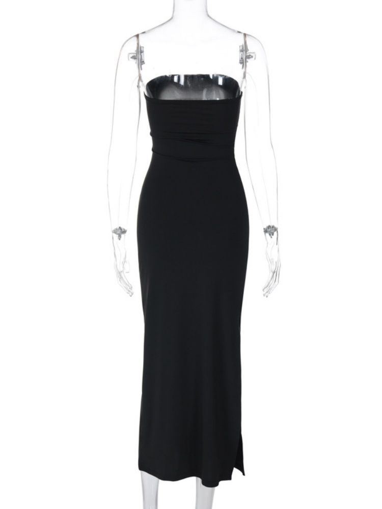 BOOFEENAA Strapless Backless Split Long Dresses for Women Clothing Fashion 2025 Spring Summer Sexy Black Dress C95-BC20