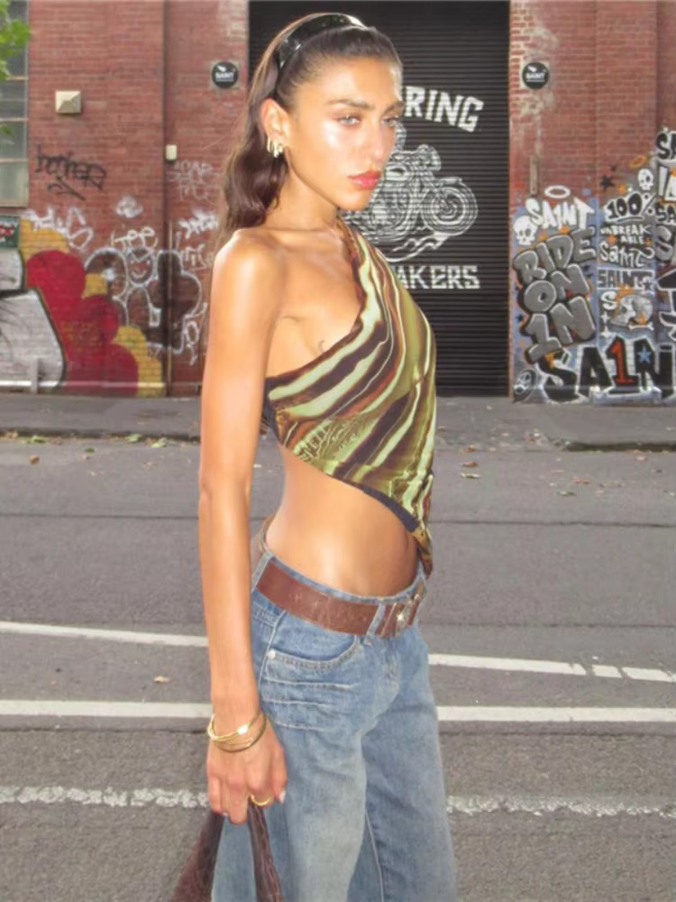 BOOFEENAA Abstract Print Tank Tops Y2k Tees Summer Clothing for Women 2025 Trendy Sexy Asymmetric One Shoulder Crop Top C83-AF11