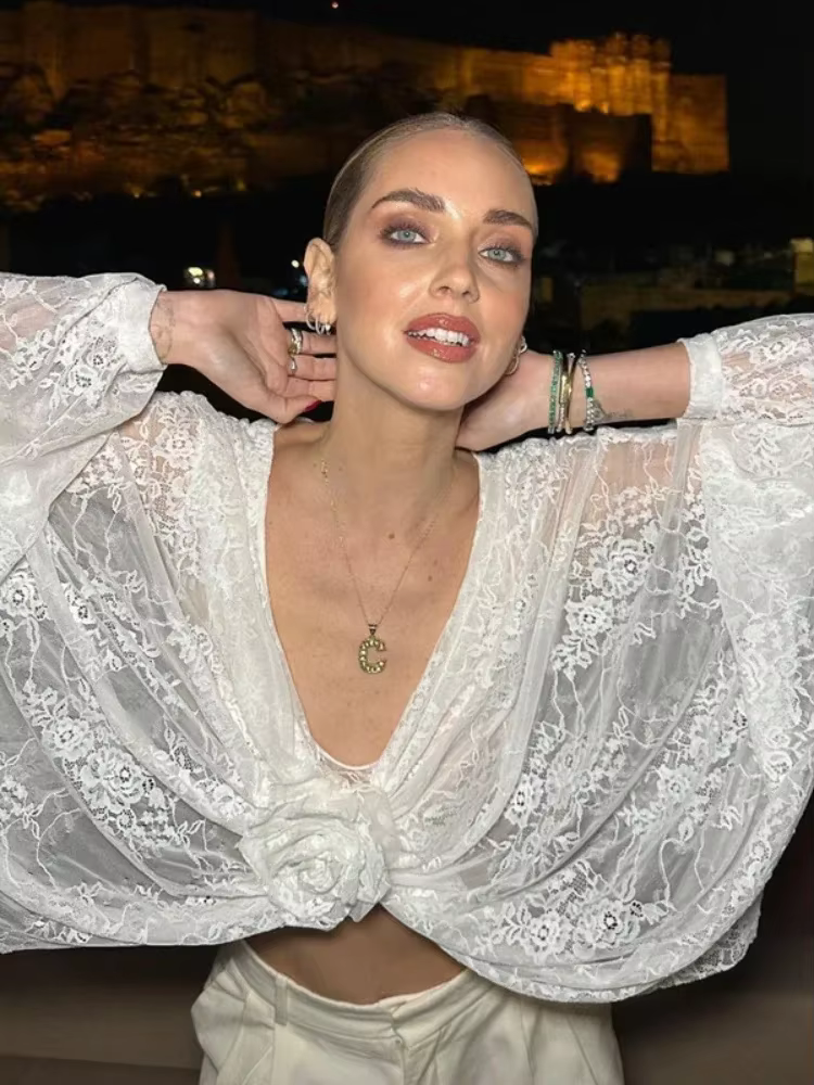 BOOFEENAA See-through Lace Blouse for Woman Elegant Sexy White Shirts Floral Applique Deep V Neck Long Sleeve Crop Tops C33-BG10