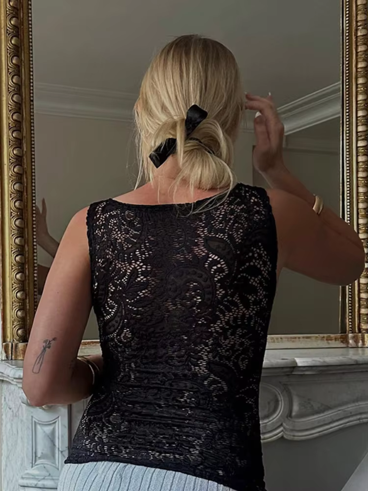 BOOFEENAA See Through Lace Tank Tops Black White French Style Sexy Sleeveless Shirts Women 2025 Summer Clothes C85-AF10