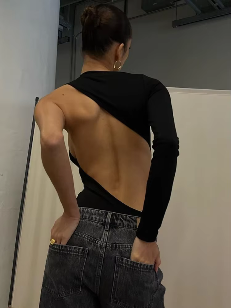 BOOFEENAA Asymmetrical Cut Out Backless Bodysuit Women T-shirts Sexy Black Long Sleeve Top Fall Winter Clothes for Women C85BZ12