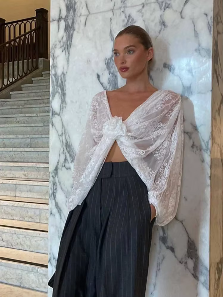 BOOFEENAA See-through Lace Blouse for Woman Elegant Sexy White Shirts Floral Applique Deep V Neck Long Sleeve Crop Tops C33-BG10