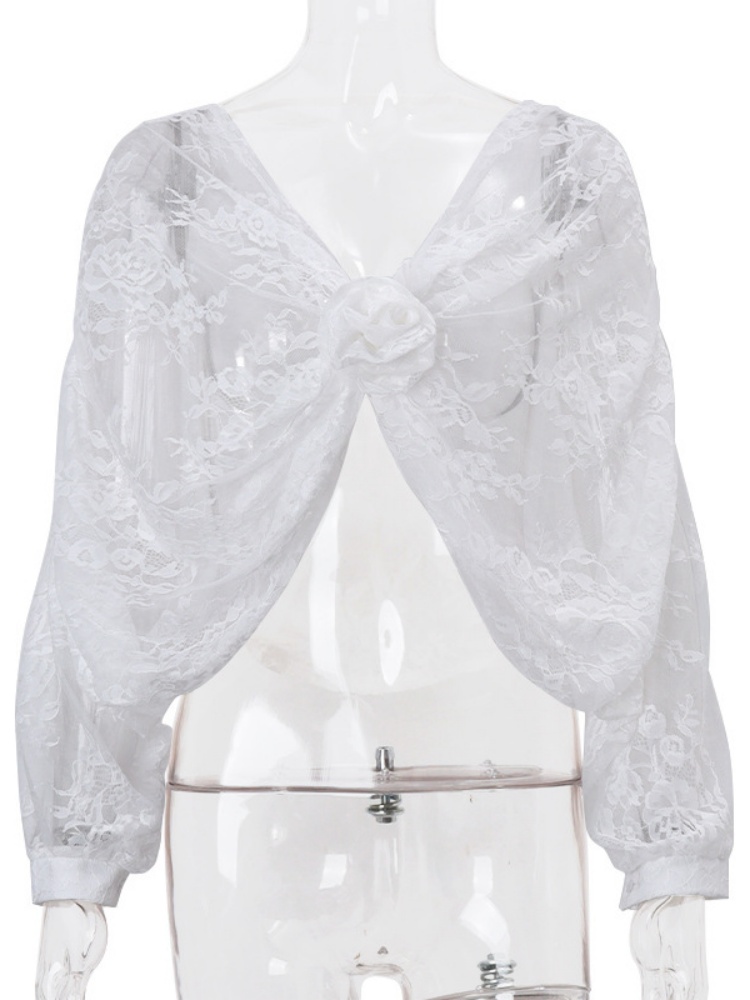 BOOFEENAA See-through Lace Blouse for Woman Elegant Sexy White Shirts Floral Applique Deep V Neck Long Sleeve Crop Tops C33-BG10