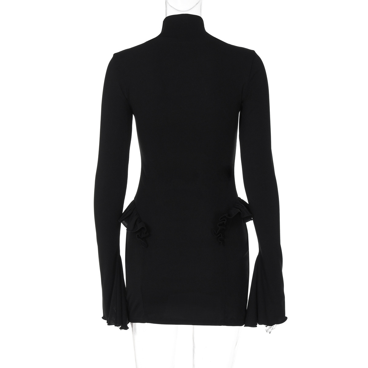 BOOFEENAA Ruffled Turtleneck Flare Sleeve Mini Dresses Fall Clothes 2025 Women Fashion Sexy Black Bodycon Dress C95-CZ28