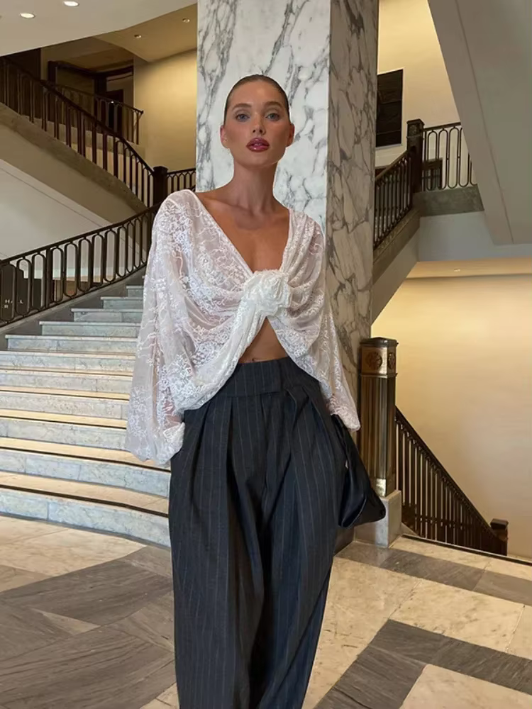 BOOFEENAA See-through Lace Blouse for Woman Elegant Sexy White Shirts Floral Applique Deep V Neck Long Sleeve Crop Tops C33-BG10