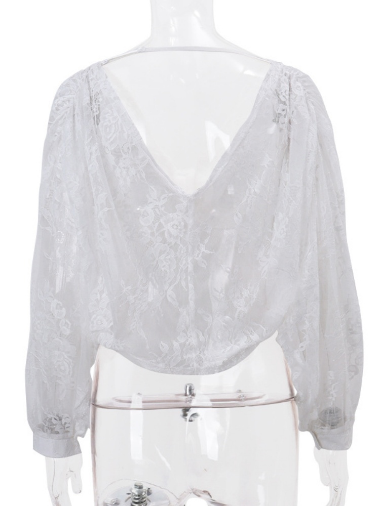 BOOFEENAA See-through Lace Blouse for Woman Elegant Sexy White Shirts Floral Applique Deep V Neck Long Sleeve Crop Tops C33-BG10