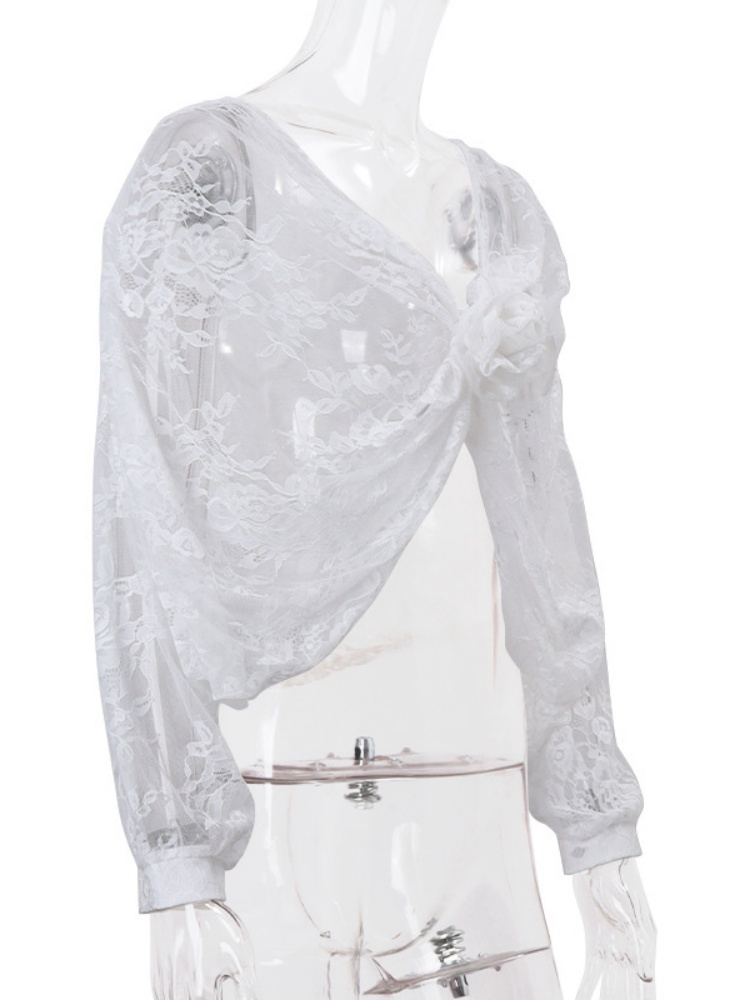 BOOFEENAA See-through Lace Blouse for Woman Elegant Sexy White Shirts Floral Applique Deep V Neck Long Sleeve Crop Tops C33-BG10