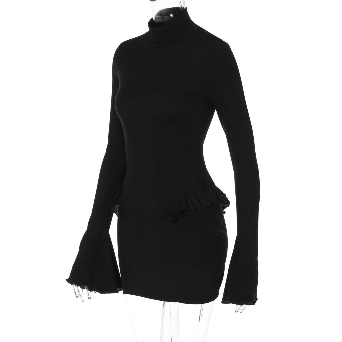 BOOFEENAA Ruffled Turtleneck Flare Sleeve Mini Dresses Fall Clothes 2025 Women Fashion Sexy Black Bodycon Dress C95-CZ28