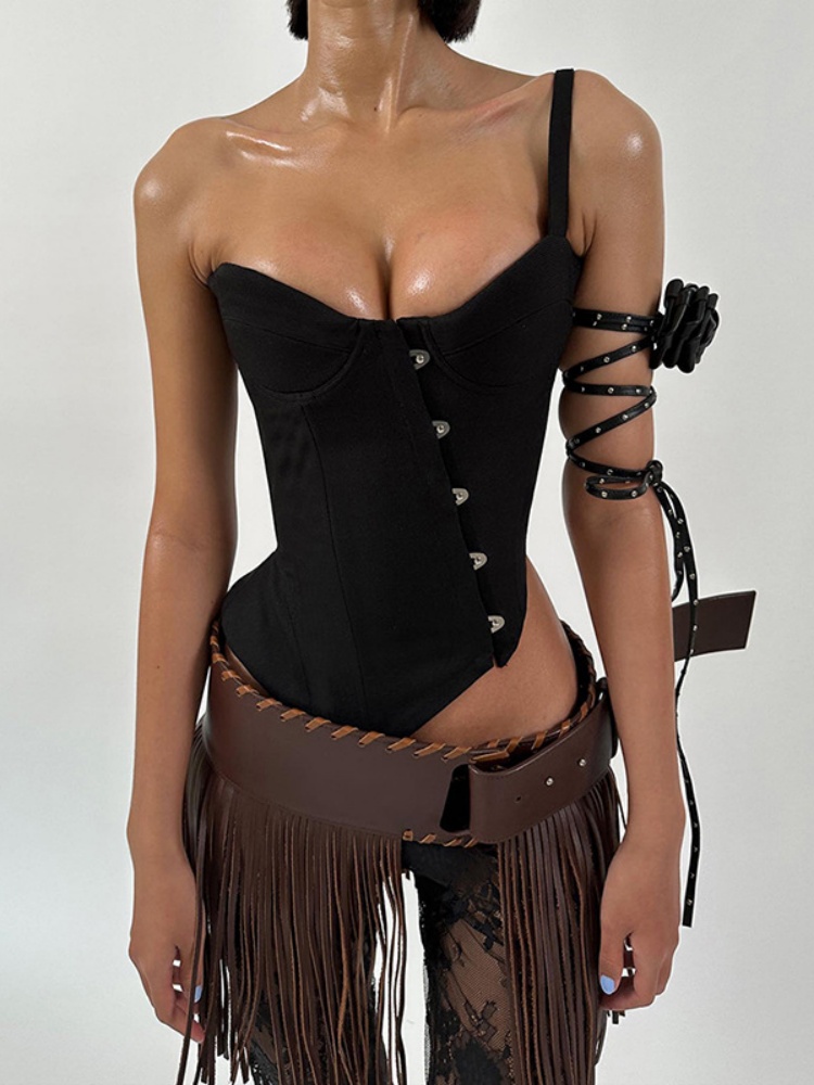 BOOFEENAA Sexy Black Busiter Corset Tops Club Wear Asymmetrical One Shoulder Backless Crop Top Women's Clothing 2024 C85-DD20