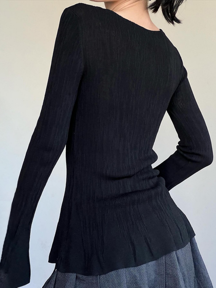 BOOFEENAA Casual Knit Flare Long Sleeve Top Black Fitted Shirts Y2k Clothes for Women Tees Spring 2024 P84-BC10