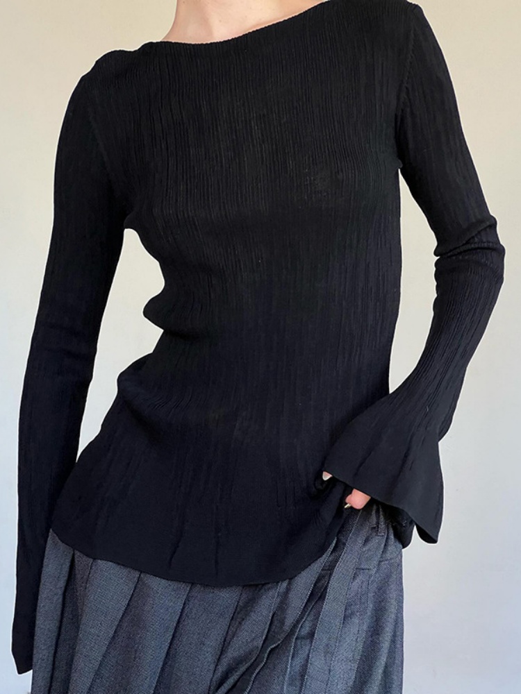 BOOFEENAA Casual Knit Flare Long Sleeve Top Black Fitted Shirts Y2k Clothes for Women Tees Spring 2024 P84-BC10