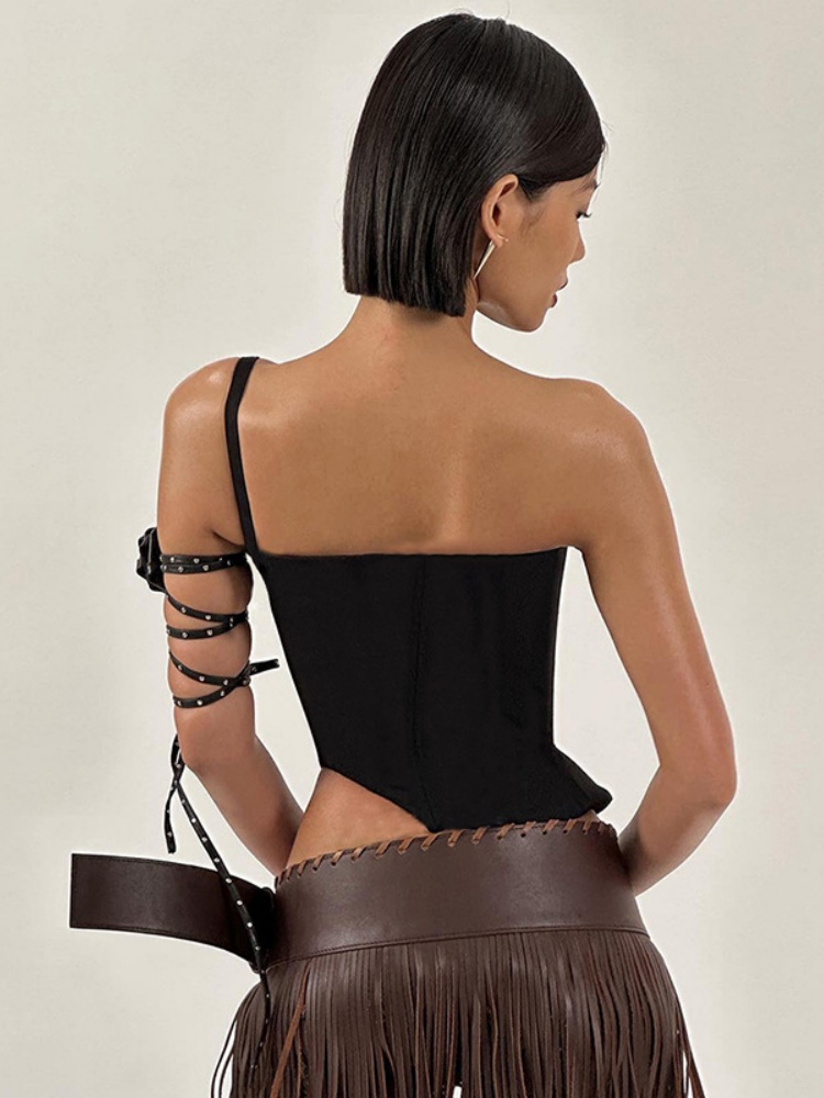 BOOFEENAA Sexy Black Busiter Corset Tops Club Wear Asymmetrical One Shoulder Backless Crop Top Women's Clothing 2024 C85-DD20