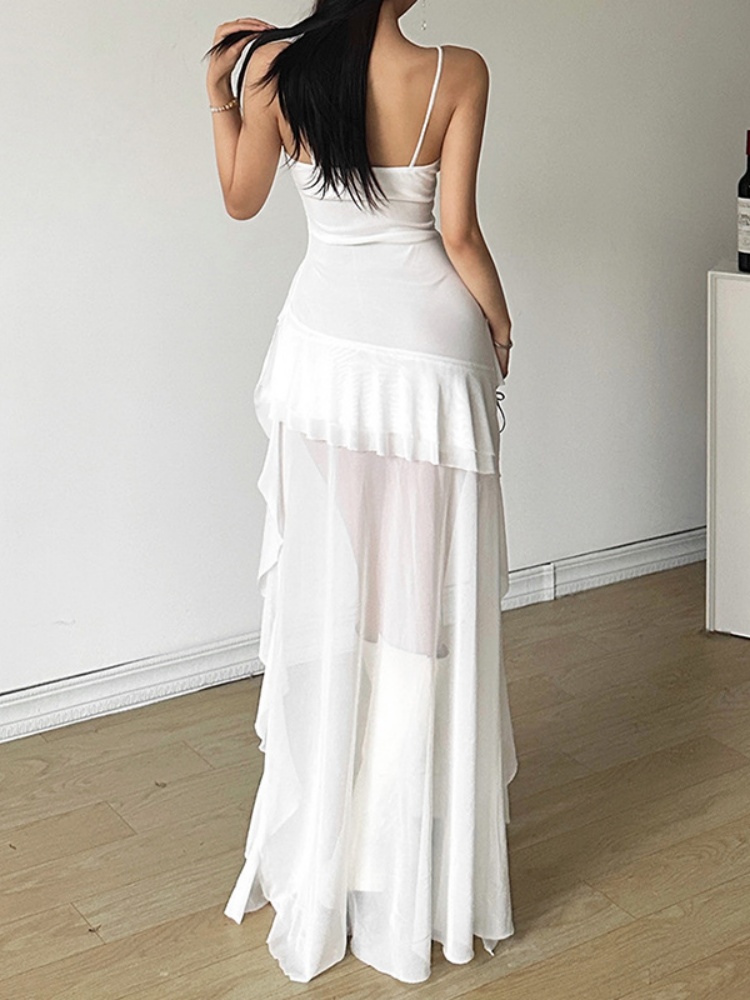 BOOFEENAA Y2k Sexy Mesh Ruffle Irregular High Low Dress White Black Sleeveless Long Dresses Summer Clothes Women 2025 P94-EZ30
