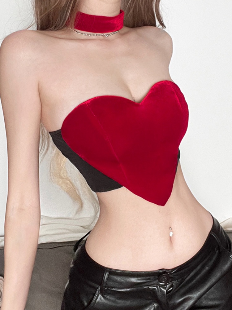 BOOFEENAA Heart-shaped Irregular Crop Top Women Trending Clothing Y2k Summer Sexy Velvet Red Tube Tops Festival Wear P71-BZ10
