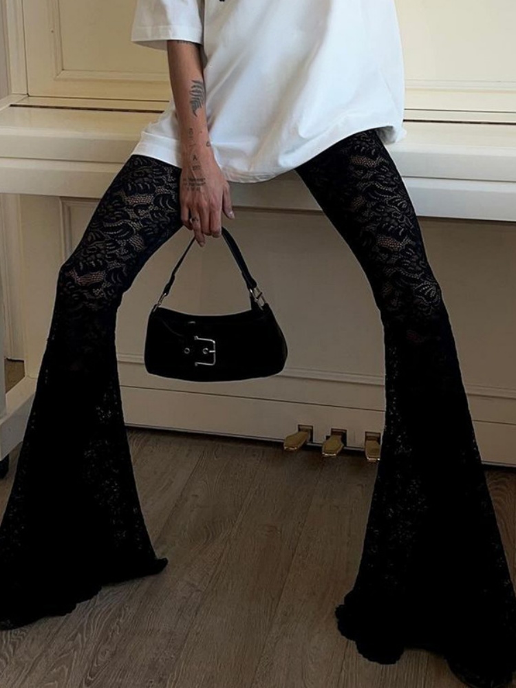 BOOFEENAA See Through Black Lace Sexy Pants Elastic High Waisted Flare Pants Women 2025 Trend Bell Bottoms Street Wear P67-CB22