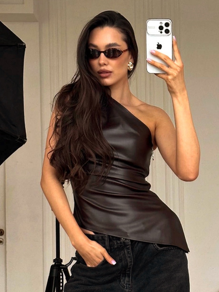 BOOFEENAA Fashion PU Leather Sleeveless T Shirts Side Zipper One Shoulder Asymmetrical Tops Women Clothing Fall 2025 C85-BH12