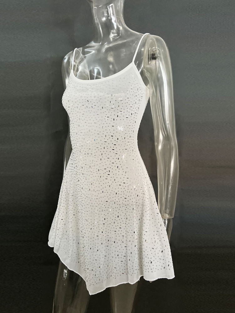 BOOFEENAA See Through Mesh Diamond Backless Mini Dresses for Women Sexy Party Dress Birthday Night Club Outfits C88-FZ25