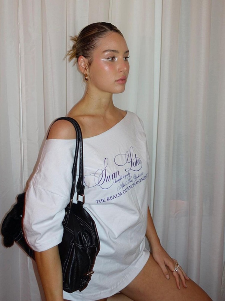 BOOFEENAA Letter Print Graphic T Shirts White Oversized One Shoulder Tops Womens Summer Fashion Clothing Trends 2024 P71-BG14