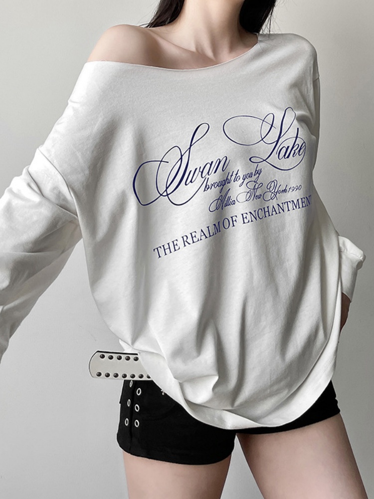 BOOFEENAA Letter Print Graphic Shirts White Oversized One Shoulder Tops Womens Summer Fashion Clothing Trends 2025 P71-BI23