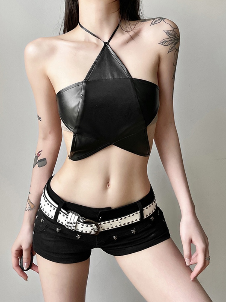 BOOFEENAA Star Halter Top Y2k Sexy PU Leather Black Backless Crop Tops Korean Fashion Alt Clothes Women Streetwear P71-BG12